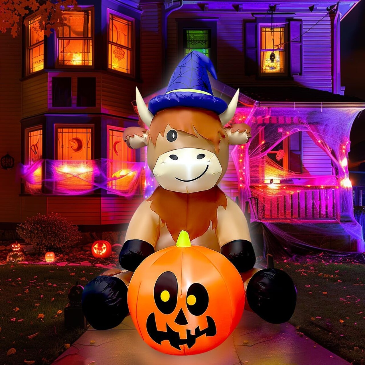 5FT Halloween Inflatable - Built-in LED Highland Cow with Witch Hat